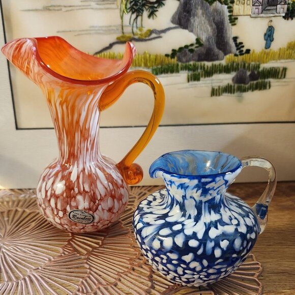 Blown Glass Orange Blue White Speckle Pitcher Vases Rainbow Glass - Picture 7 of 11